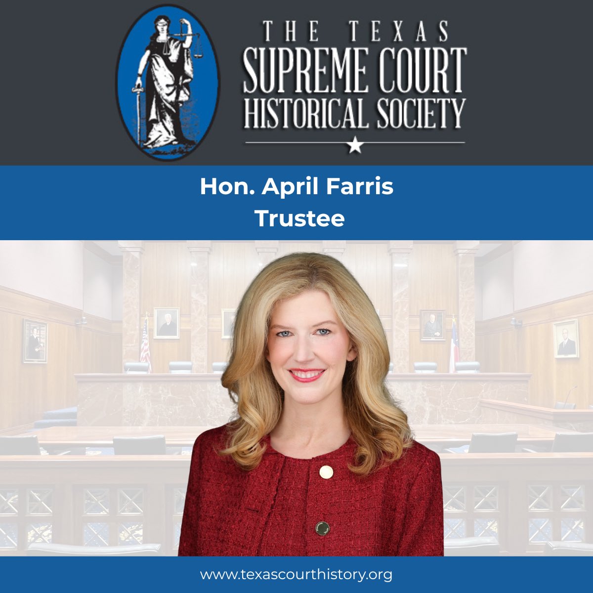 We are excited to next spotlight Justice April Farris of the Texas Fifteenth Court of Appeals. Justice Farris currently serves as a trustee for the Texas Supreme Court Historical Society.

#TXlaw #TXlawyer #TXlawyers #TSCHS #SCOTX