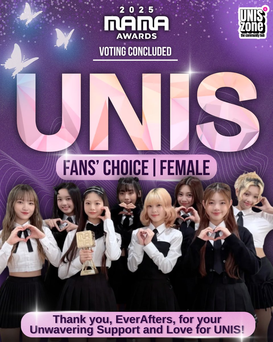 MAMA2025 Fans Choice voting has officially concluded. 💜

Thank you to all EverAfters and even casual voters, for standing with us until the very end.
A special shoutout to our incredible UZ grinders. You gave your all, sacrificed sleep, and kept going strong even through