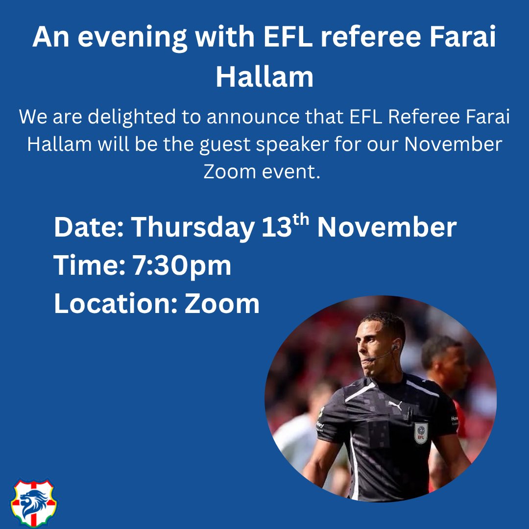 Not long until we welcome EFL Referee, Farai Hallam, as our guest speaker.

📆 Thursday 13th November 
🗣️ Farai Hallam 
⏰ 7:30pm 
📍 Zoom

Sign up via the link below ⤵️

shorturl.at/W6637

#referee #referedevelopment