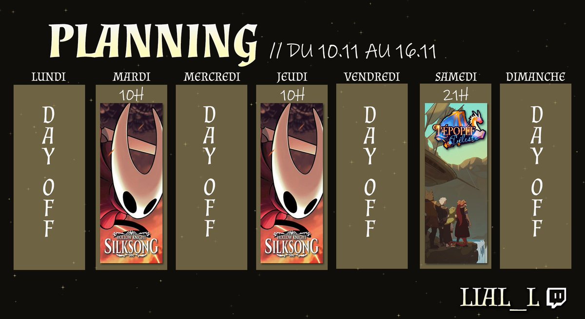 Heeya  !!

J'espère que vous allez bien !! 

Avec la reprise du JDR, je pense qu'un retour des Plannings est nécessaire !
- Mardi et Jeudi à 10h : Hollow Knight SilkSong 
- Samedi à 21h : 4eme session du chapitre 1 de mon JDR avec <a href="/BanalTime/">BanalTime⏳</a> <a href="/Nisumi_Art/">NISUMI</a> <a href="/Maze_ssb/">STRX | Maze</a> et <a href="/Xen_Acedia/">Xen Acedia 🦥🍂 VtuberFR/EN REDEBUT INCOMING</a> !