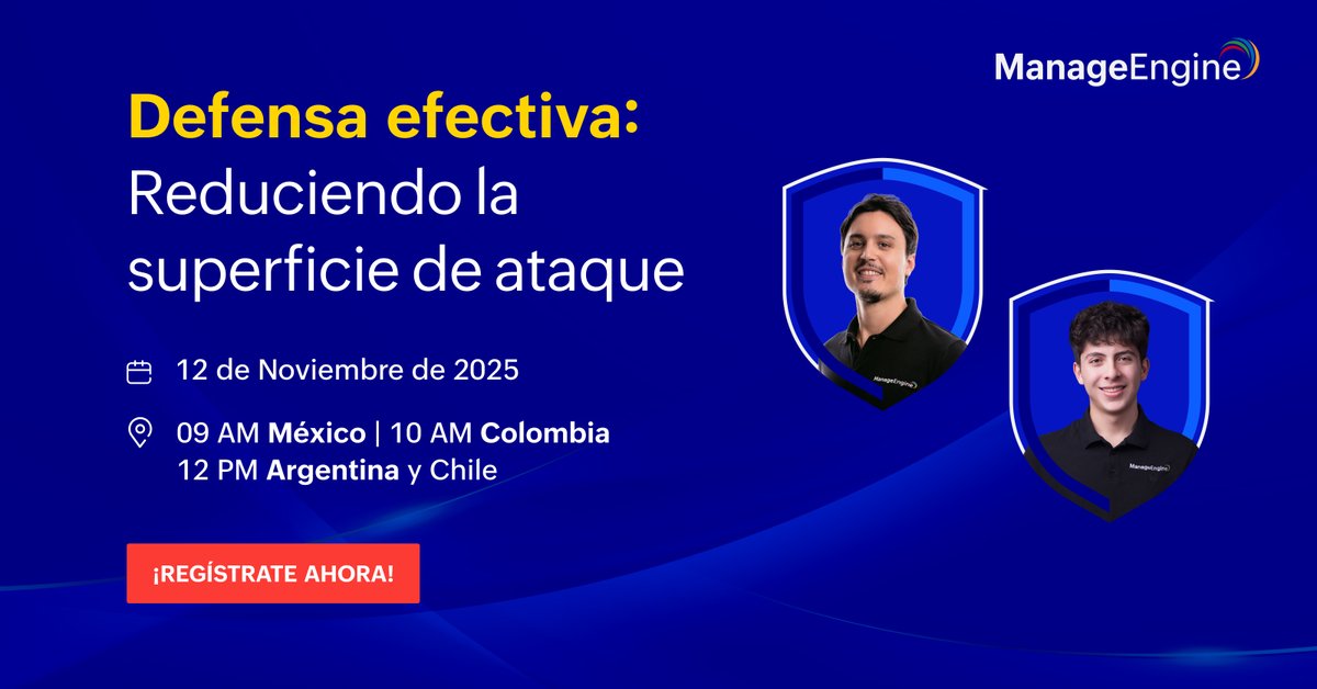 ManageEngineLA's tweet image. 🚀 Refuerza tu estrategia de ciberseguridad este 12 de noviembre con #ManageEngineLATAM. Descubre cómo proteger tus activos, minimizar riesgos y educar a tus usuarios. 🧠💻 ¡Conéctate al webinar y fortalece tu defensa digital con nuestros expertos! 🔒✨ mnge.it/GVs