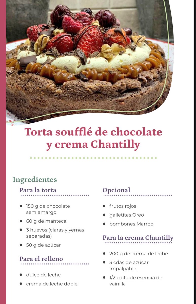Silnari's tweet photo. Hoy en la sección de Recetas coleccionables , les dejo la Torta Souffle de Chocolate.

Podés descargar los archivos que iré dejando en este hilo así tenés todas las recetas en formato para imprimir.

Hasta el momento entre la Carrot Cake y el Budín de Limón , hemos cosechado 3 millones de visualizaciones, hace cinco años cuando comencé a dejarles recetas acá ni soñaba con todo lo que vino después!!

Gracias a los 130.000 seguidores por todo!