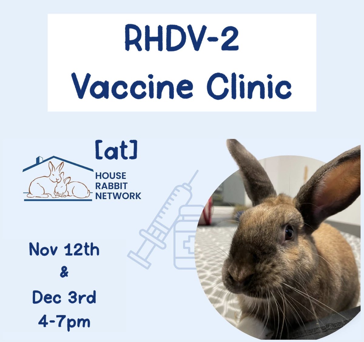 RabbitNetwork's tweet image. We&apos;re hosting three upcoming RHDV-2 vaccine clinics at our shelter in Westford, MA! 💉 The vaccine will be administered by our friends at Exotic Pet Mobile Vet. Book a reservation now: zeffy.com/en-US/ticketin…