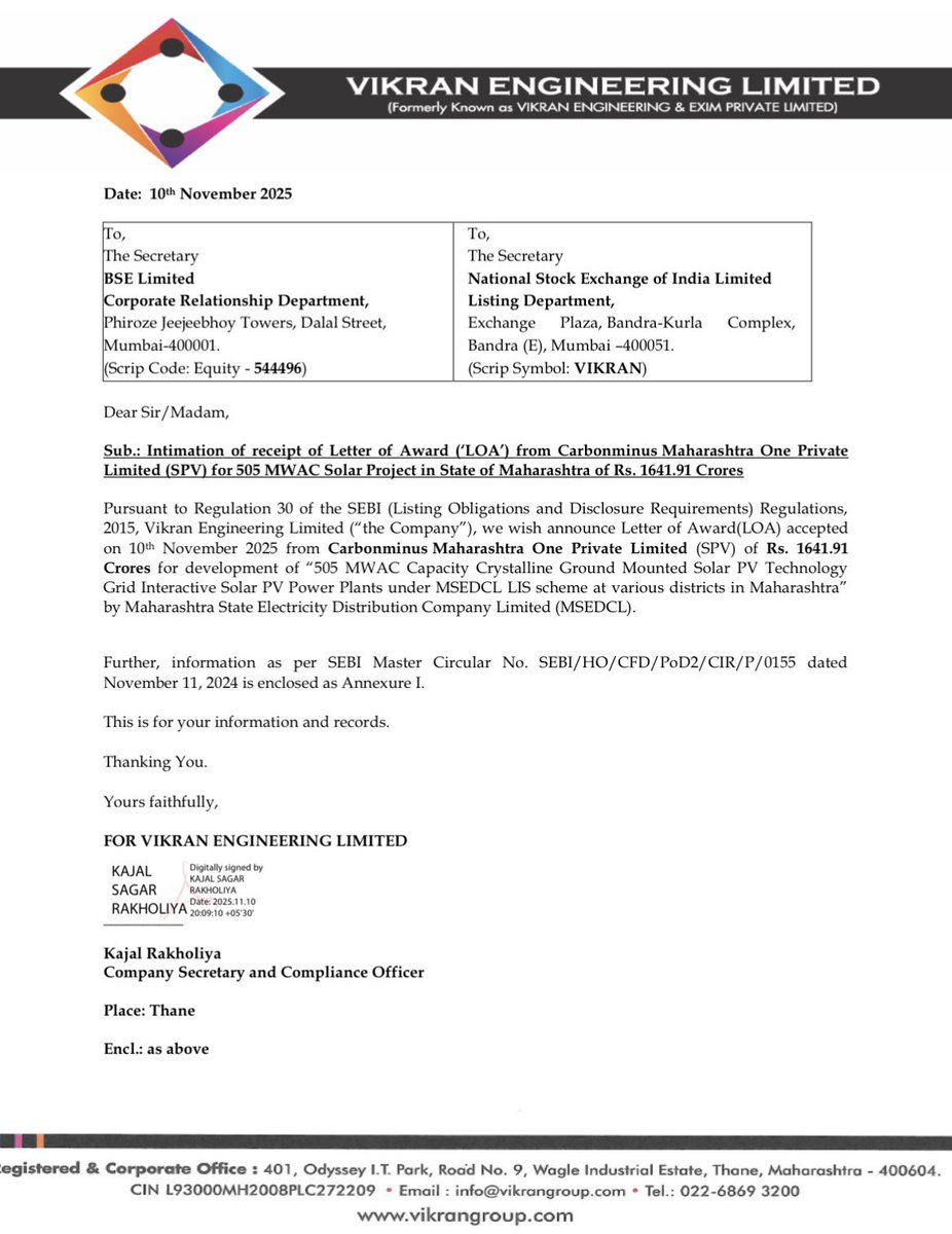 Rajkulheri's tweet image. #Vikran #Vikranengineering 

Vikran Engineering Ltd
Order Received of Rs.1641.91cr from Carbonminus Maharashtra One Private Limited for EPC contract to develop 505 MWAC crystalline ground mounted solar PV plants under MSEDCL LIS scheme in Maharashtra, to be executed in 11 months.