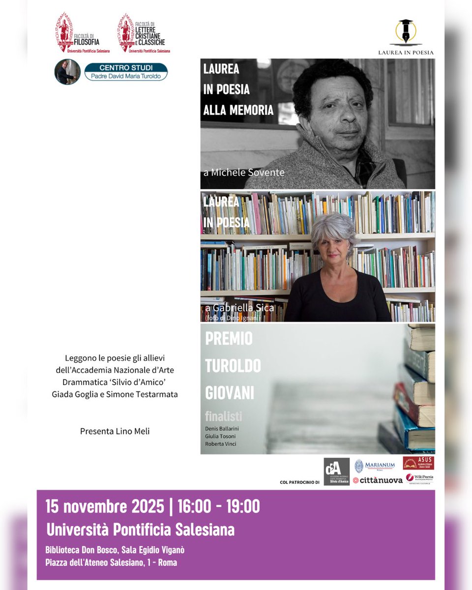 🎓 Laurea in Poesia e Premio Turoldo Giovani

🗓 15 nov 2025 | ⏰ 16:00
📍 Sala Egidio Viganò – UPS