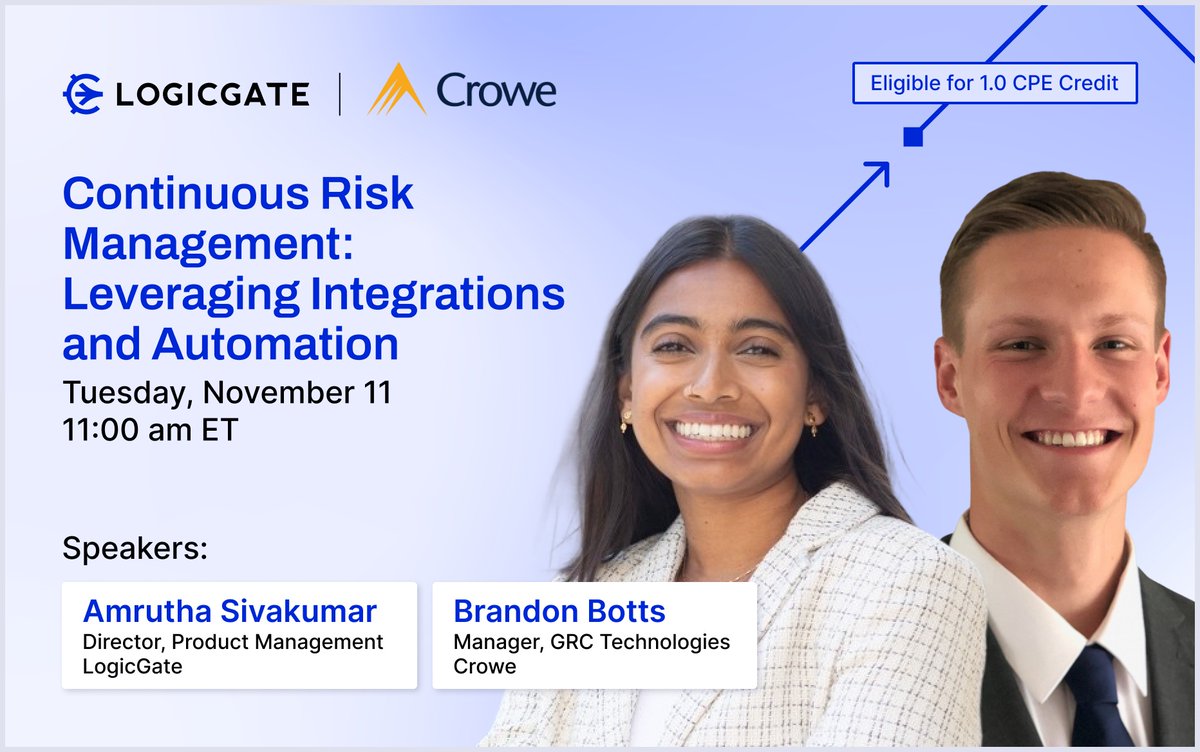 LogicGate's tweet image. TOMORROW! 🚨

Stop relying on #ManualData—make it continuous. Join Amrutha Sivakumar of LogicGate and Brandon Botts of @CroweUSA to learn how #integrations and #automation are transforming #RiskManagement.

Register: logicgate.zoom.us/webinar/regist…