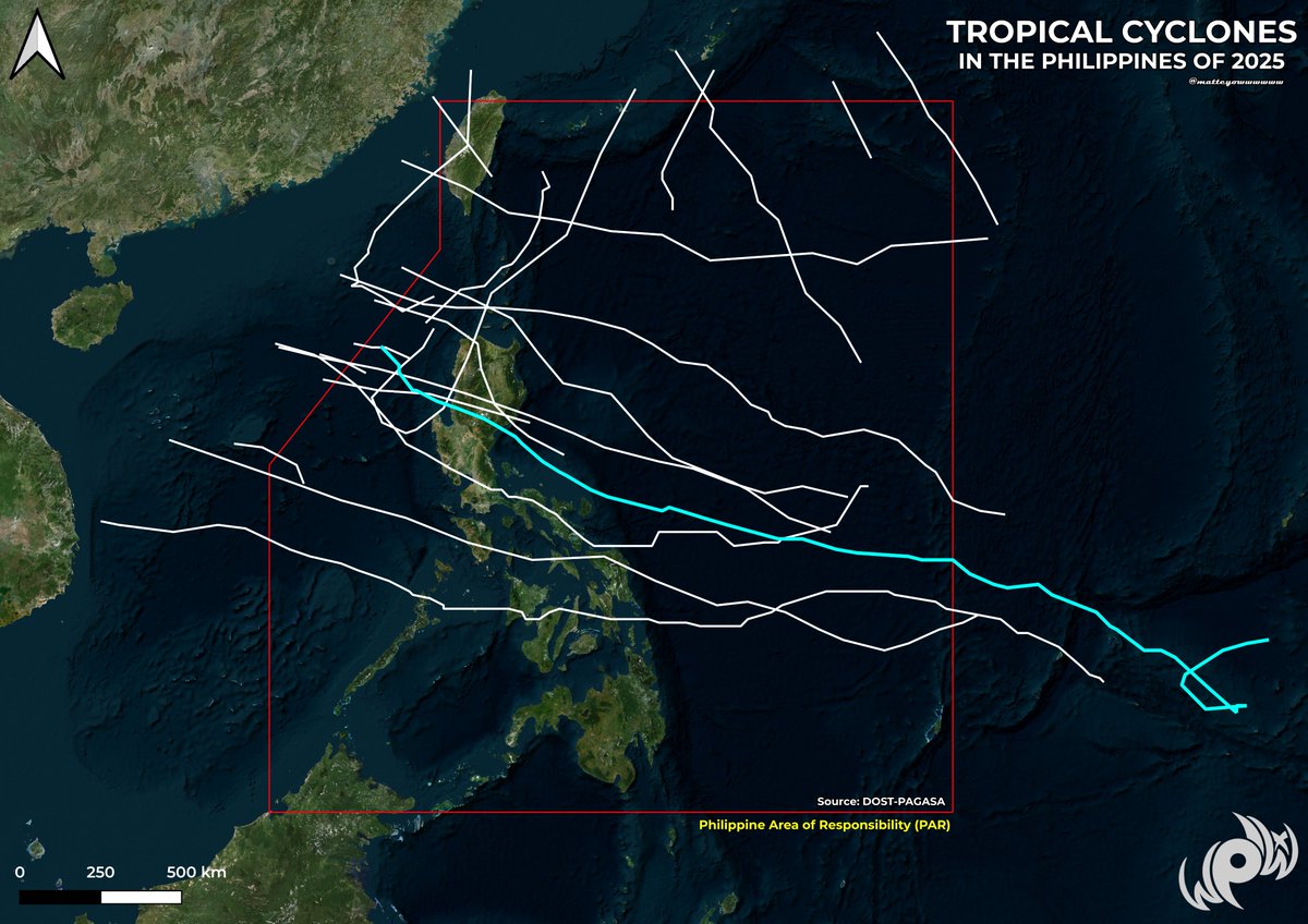 matteyowwwwww's tweet photo. This year, we have the eighth latest-forming first tropical cyclone within the Philippine Area of Responsibility (PAR) with #AuringPH - formed on June 12.
From June 12, twenty-one (21) storms have either developed or entered PAR. The last, so far, is #UwanPH (#FungWong) (light blue color line in the image).
From JUNE to NOVEMBER:
β’ 2025 marks the highest number of storms within PAR since 2013 (25).
β’ the only second-time with β₯21 storms this century.
β’ the only sixth-time to occur since records began in 1948.
The average total tropical cyclone frequency from June to November is 15.4 - based on the 1948-2024 average (Source: PAGASA).
Tracks from PAGASA.
Processed thru QGIS by me. π