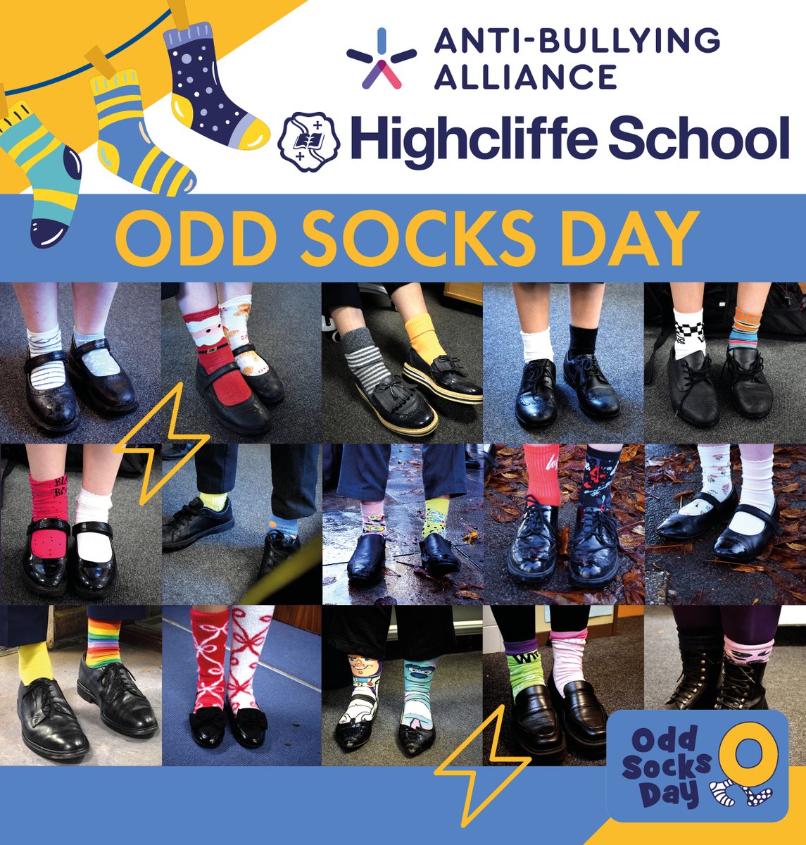 Lots of colourful and toasty-looking odd socks on this grey day, to make a stand against bullying, and recognise that we're all different and we all have a part to play to stop bullying. 

#AntiBullyingWeek #oddsocksday