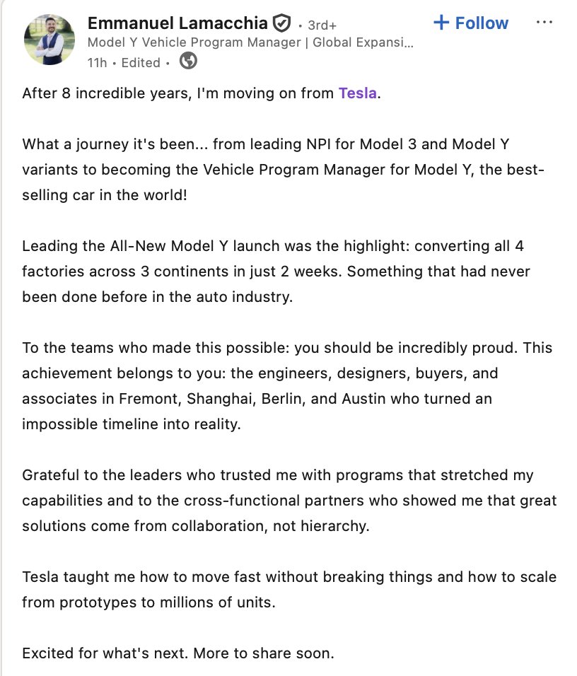 SawyerMerritt's tweet image. NEWS: Model Y program manager, Emmanuel Lamacchia, has announced that he is leaving Tesla after 8 years with the company.

&quot;Leading the All-New Model Y launch was the highlight: converting all 4 factories across 3 continents in just 2 weeks. Something that had never been done…