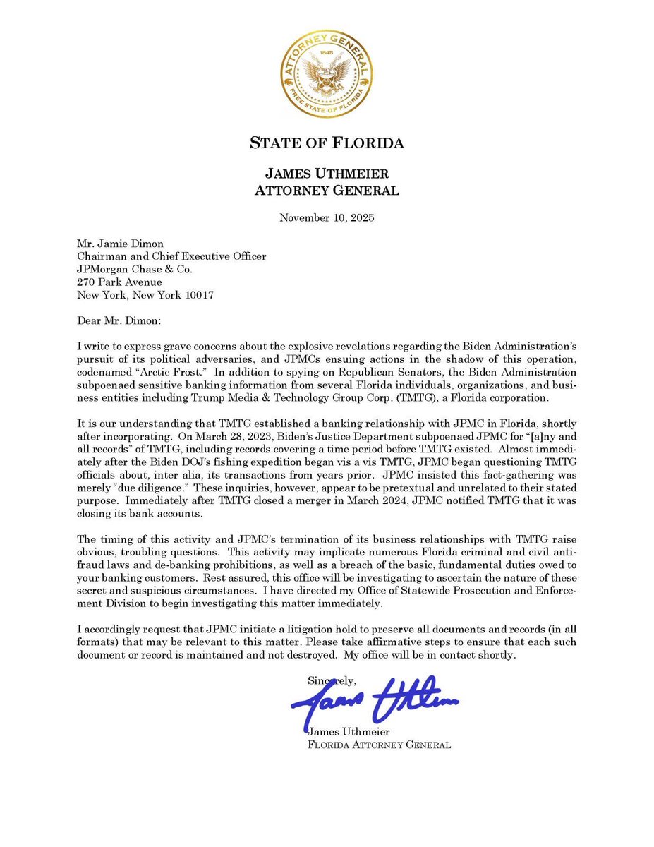 MaryMargOlohan's tweet image. EXCLUSIVE: @AGJamesUthmeier informs JPMorgan Chase that he is investigating its cooperation with the Biden administration&apos;s Arctic Frost probe, citing &quot;grave concerns&quot; about the bank&apos;s actions towards Trump Media, @realDailyWire can first report. 

&quot;This activity may implicate…