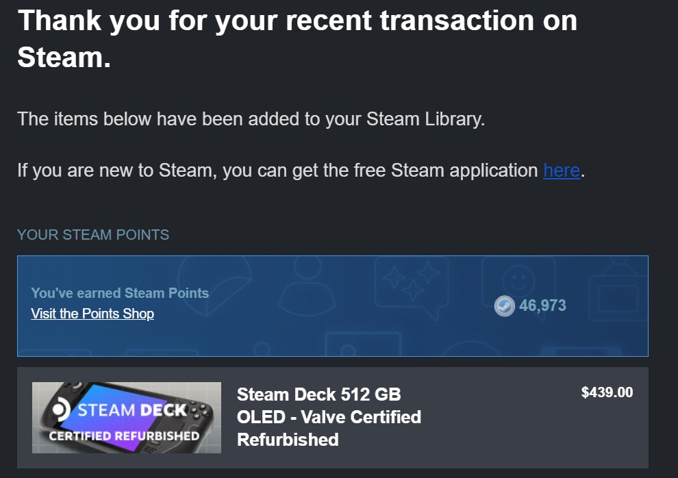 In other good news: I finally got a Steam Deck OLED (refurbished)!! I don’t think I’ve ever hit the buy button faster in my life, reviewed nothing and just prayed my card would go through. Can’t wait to share my experience with it!

Side note: I’m broke now.. spare some change?