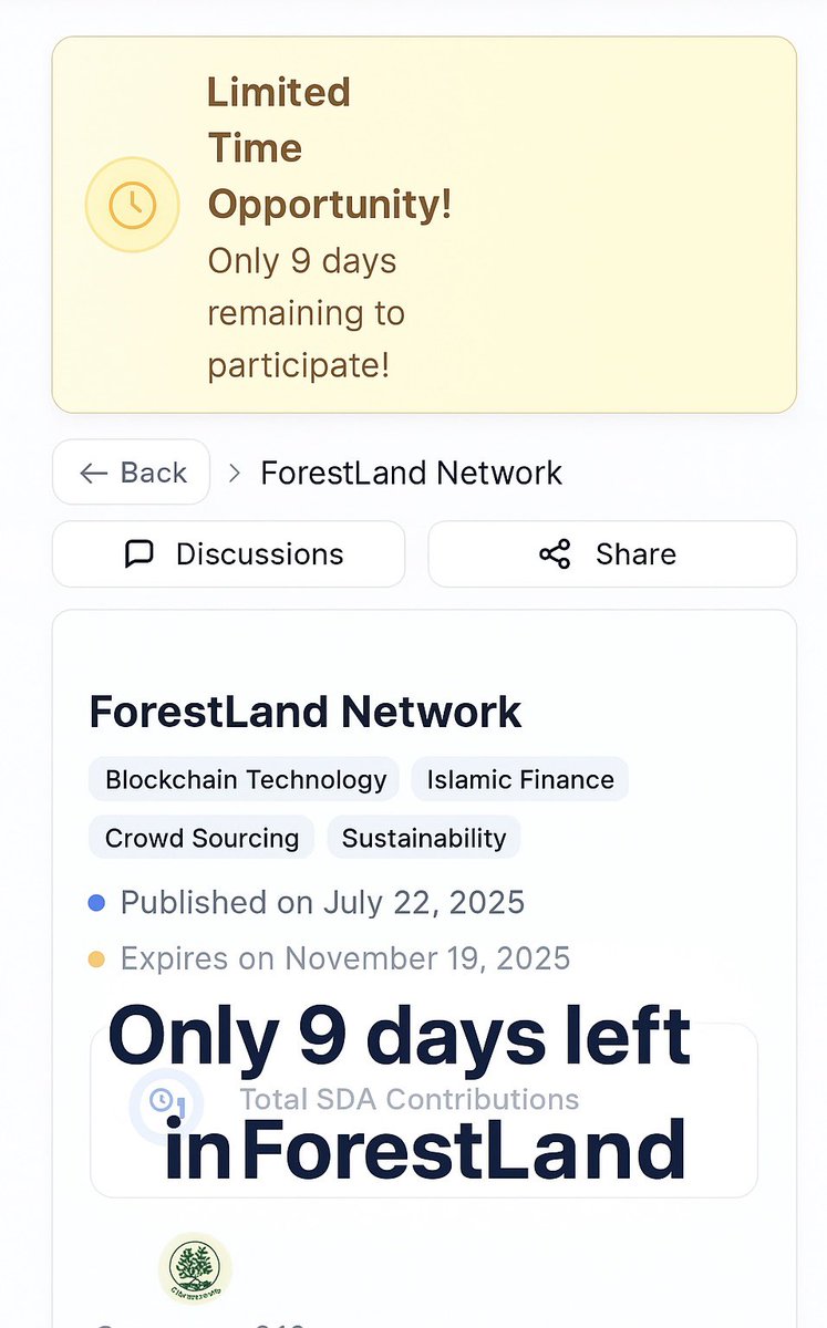 forestlandnet's tweet photo. Only 9 days left to be part of the ForestLand Network revolution on SidraStart!
Weโve already crossed {108K+ SDA contributions, and momentum is unstoppable!
Act now โ opportunities like this donโt wait. ๐ฑ๐ฅ
#ForestLandNetwork #SidraStart #Sustainability #BlockchainFuture https://t.co/blBwp7L8H2