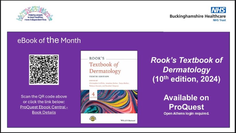 bucksnhslibrary's tweet image. 💫 Check out some of our great E-books including Rook&apos;s Textbook of Dermatology! 📚
Access here via ProQuest with your OpenAthens login:
buckshealthcare.nhs.libguides.com/library/findbo…
#BHTLibrary #dermatology #ebooks