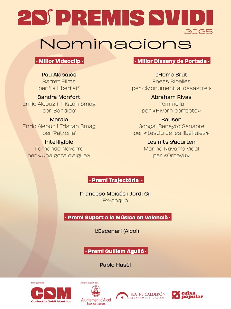 🥳 Ja tenim als artistes finalistes dels XX #PremisOvidi 

‼️El talent femení emergeix entre els finalistes dels XX Premis Ovidi

🗓️ Este diumenge a les 19 h gala de lliurament en el Teatre Calderón d'Alcoi

Llegiu la nota de premsa completa ací 👉🏽  elcom.cat/noticies/el-ta…