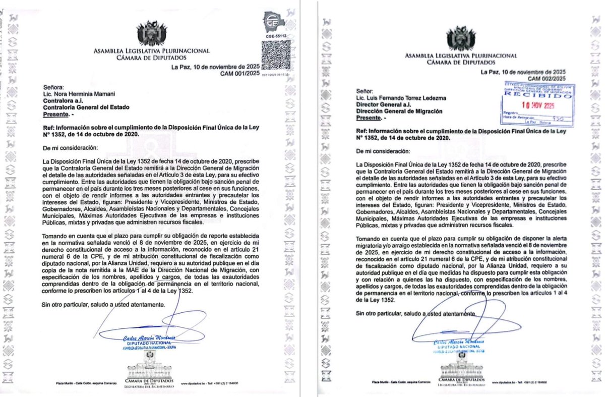 Notas que presenté hoy para verificar si la Contralora y el Director de Migraciones interinos, dieron cumplimiento a su obligación de arraigo de Luis Arce, David Choquehuanca y otras altas  autoridades salientes, del ejecutivo y legislativo, conforme lo establece la Ley 1352.
