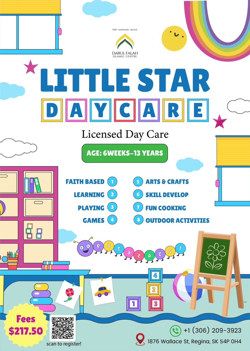 DarulFalah2022's tweet image. 📷 Exciting News! Little Star Day Care is now accepting Toddler &amp;amp; Preschool Enrollments! 📷

📷 Register today: forms.gle/Fmd93yDibenuA6…
#LittleStarDayCare #ReginaChildcare #ToddlerProgram #EnrollNow #ChildCareRegina #DFIC #YQR #YQRMuslim #Regina