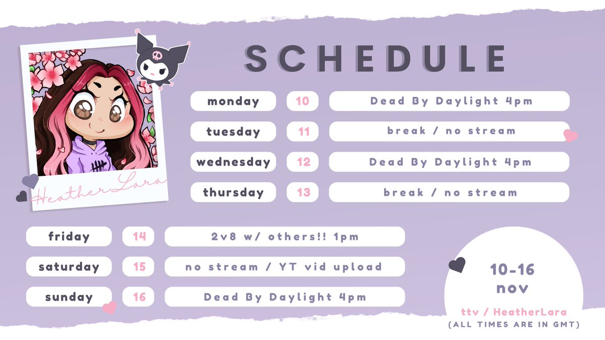 THIS WEEKS STREAMS!💜

not been feeling the best lately so i am not gonna promise any special streams/events this week incase i cant follow up

BUT very fun 2v8 stream on friday with: <a href="/NormalSteve_/">Normal Steve</a> 
<a href="/g_birb/">g_birb 🥔</a> <a href="/Staggiezz/">Staggiez</a> <a href="/TheComplexWolf/">TheComplexWolf 🐺</a> LelasaurusRex  <a href="/Gh0stArcade/">Gh0stArcade</a> <a href="/Wattsie123_/">Wattsie123</a> !! <3