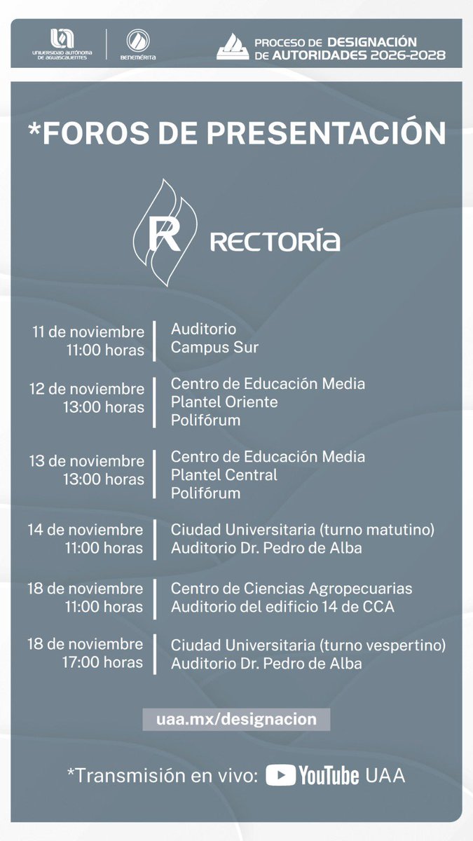 Los invitamos a participar en los Foros de Presentación de aspirantes a la Rectoría, un espacio de diálogo y reflexión sobre el futuro de nuestra institución. 💬
Consulta fechas, horarios y sigue la transmisión en vivo a través de YouTube UAA.

👉 uaa.mx/designacion