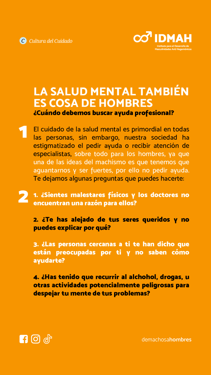 machosahombres's tweet image. La salud mental también es cosa de hombres.
¿Cuándo debemos buscar ayuda profesional?

#Terapia #Cuidados #Hoviembre #MasculinidadesConscientes #CulturaDelCuidado #SaludMental  #demachosaHOMBRES