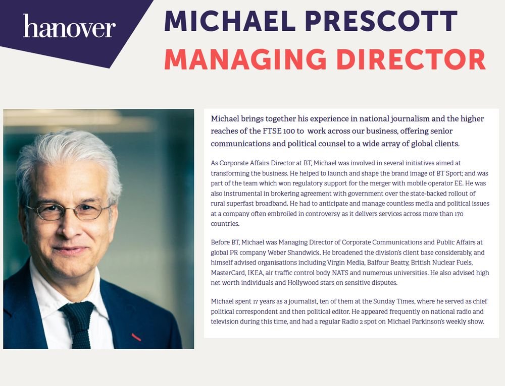 1/ Michael Prescott of Hanover Communications, whose leaked memo alleging left-wing bias led to the BBC meltdown. 

You could be forgiven for thinking that a corporate lobbyist &amp; former Murdoch press hack may not have the best interests of public-service broadcasting at heart.