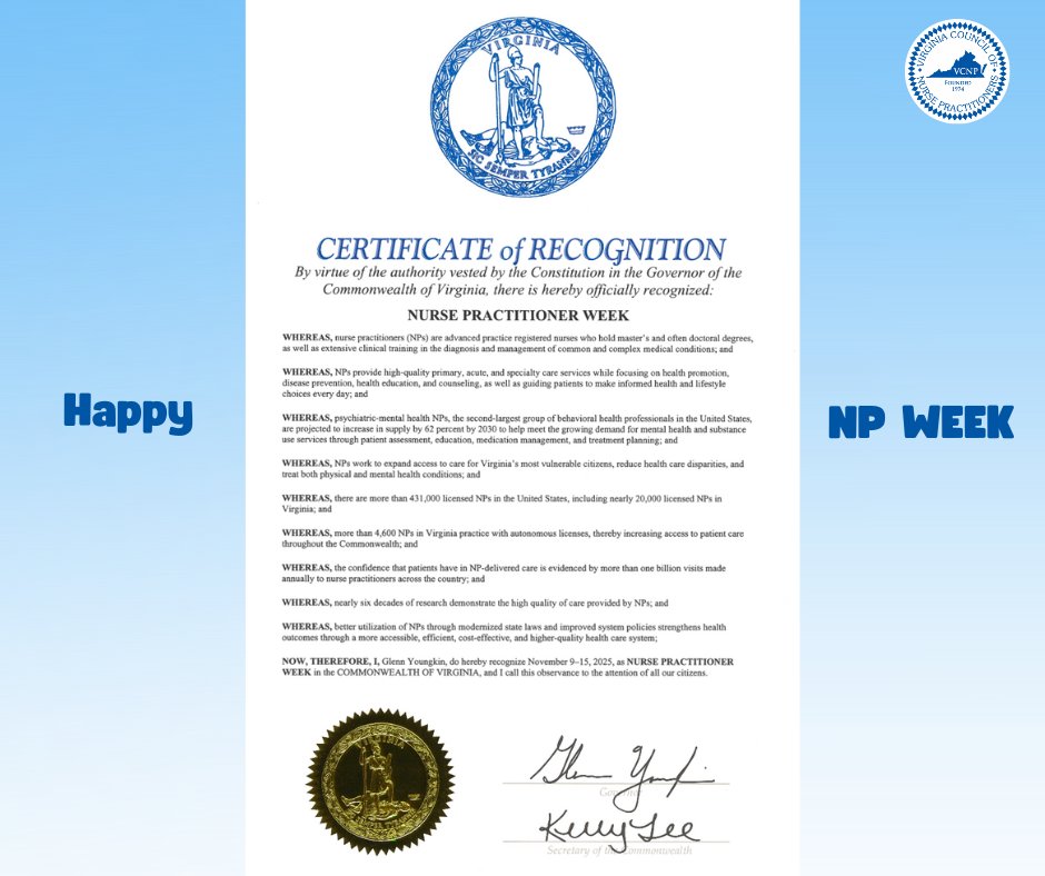 “WHEREAS NPs work to expand access to care for Virginia’s most vulnerable citizens, reduce health care disparities and treat both physical and mental health conditions; therefore, I, Glenn Youngkin, do hereby recognize Nov. 9-15, 2025 as NP Week in Virginia.” #NPWeek <a href="/GovernorVA/">Governor Glenn Youngkin</a>