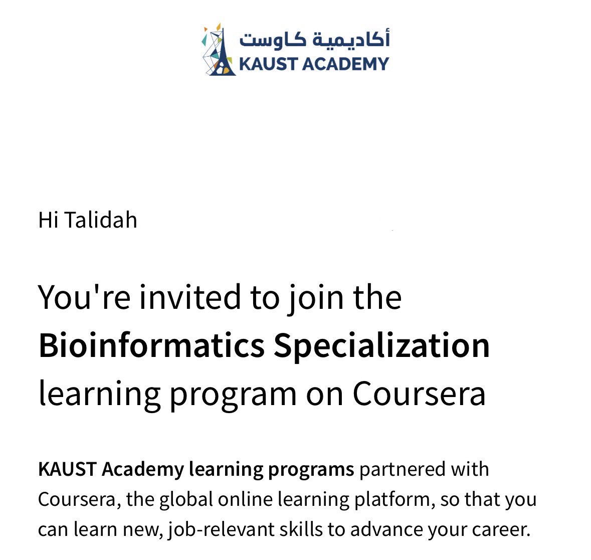 Talidah6's tweet image. الحمد لله تم قبولي في المرحلة الأولى من برنامج المعلوماتية الحيوية (Bioinformatics) في أكاديمية كاوست ✨.
متحمسة جدًا لهذه الفرصة المميزة، وعقبال التأهل للمراحل القادمة بإذن الله✨. 

#KAUSTAcademy #Bioinformatics