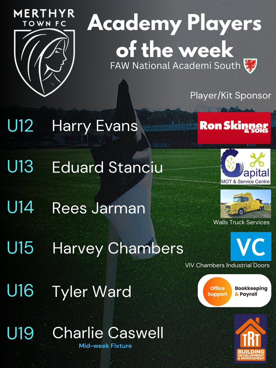 Well done to our academy players of the week Vs Cambrian United.
Great performances.  <a href="/MerthyrTownFC/">The Martyrs</a> 

Thank you to all the sponsors for their continued support.
#OurTownOurClub
#progressthroughstability