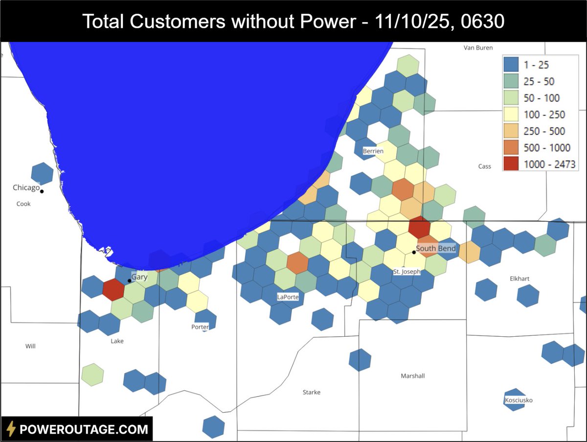 Power outages from lake-effect snowfall and wind from my work at <a href="/PowerOutage_us/">PowerOutage.us</a> showing highest impacted areas in northern Indiana and adjacent Michigan. <a href="/JimCantore/">Jim Cantore</a>