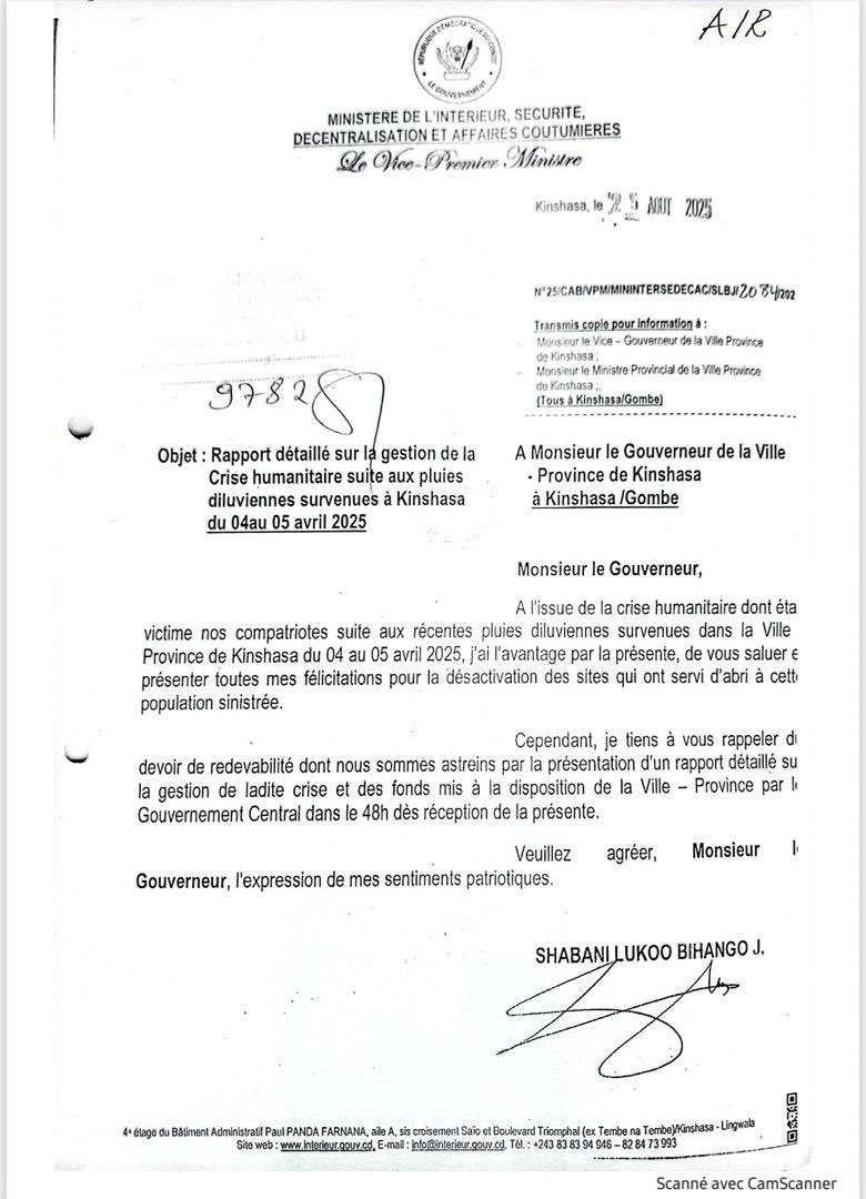 #RDC: Face à l’ultimatum de 48 heures lancé par le vice-Premier ministre de l’Intérieur Jacquemain Shabani exigeant des explications sur la gestion des fonds aux sinistrés des pluies d’avril, le gouverneur Daniel Bumba rejette toute responsabilité : il rappelle que la crise