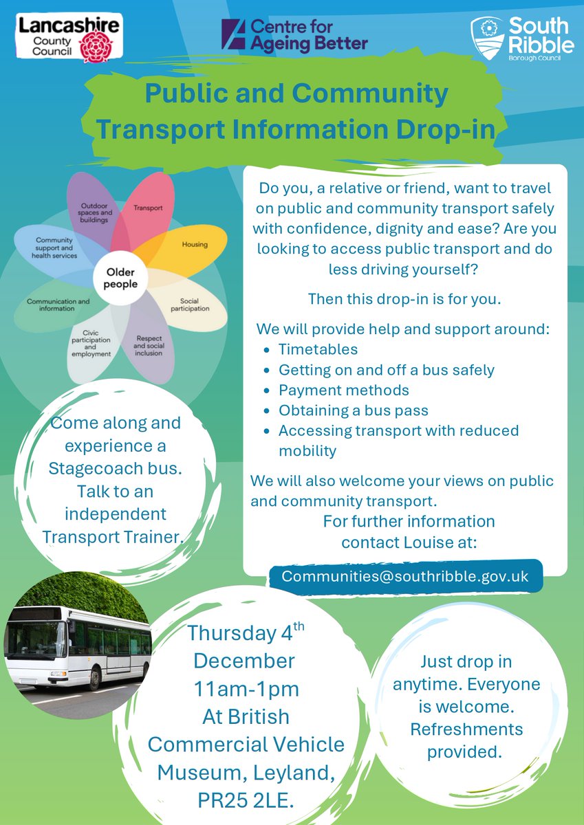 Want to travel confidently and safely using public or community transport?

Come along for friendly advice on timetables, bus passes, accessibility and more.

🗓 Thurs 4th Dec, 11am to 1pm
📍British Commercial Vehicle Museum, Leyland
☕Free refreshments

💜Everyone welcome!💜