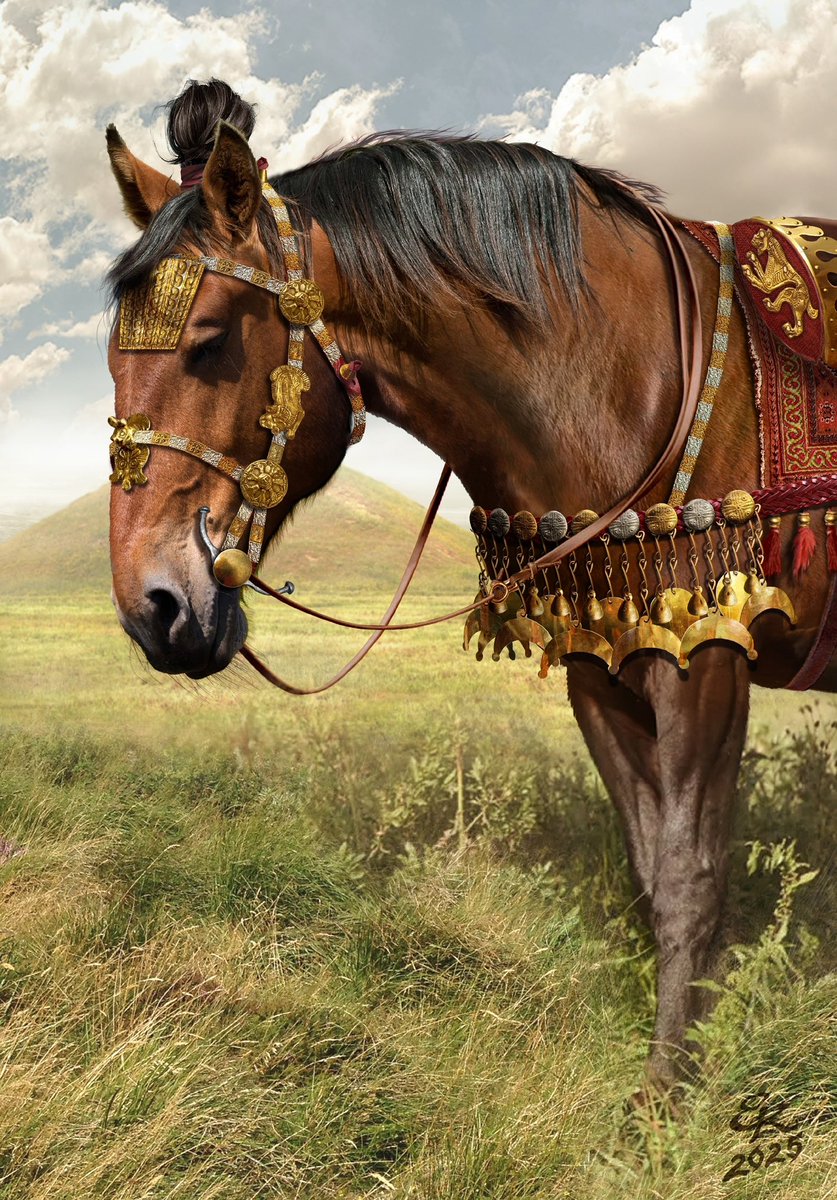 Reconstruction of decorations of the horse's bridle from dromos central tomb of the Alexandropolsky Kurgan,  Lower Dnieper region, 4th century BC based excavated findings.