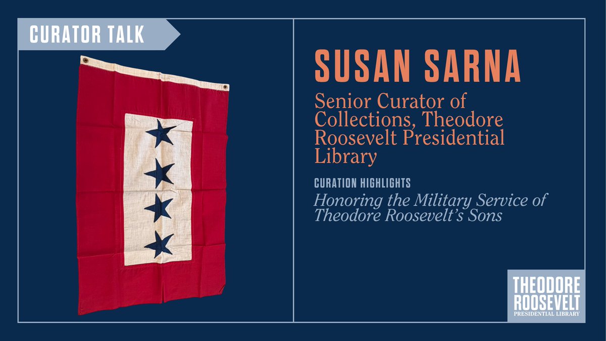 TRPresLibrary's tweet image. 🏛️ Join us tonight at 5:30pm MT for our first virtual curator talk of the 2025-2026 virtual programming series. Full schedule here: trlibrary.com/virtual

🇺🇸 Our Senior Curator of Collections, Sue Sarna, will discuss the military service of Theodore Roosevelt’s sons in…