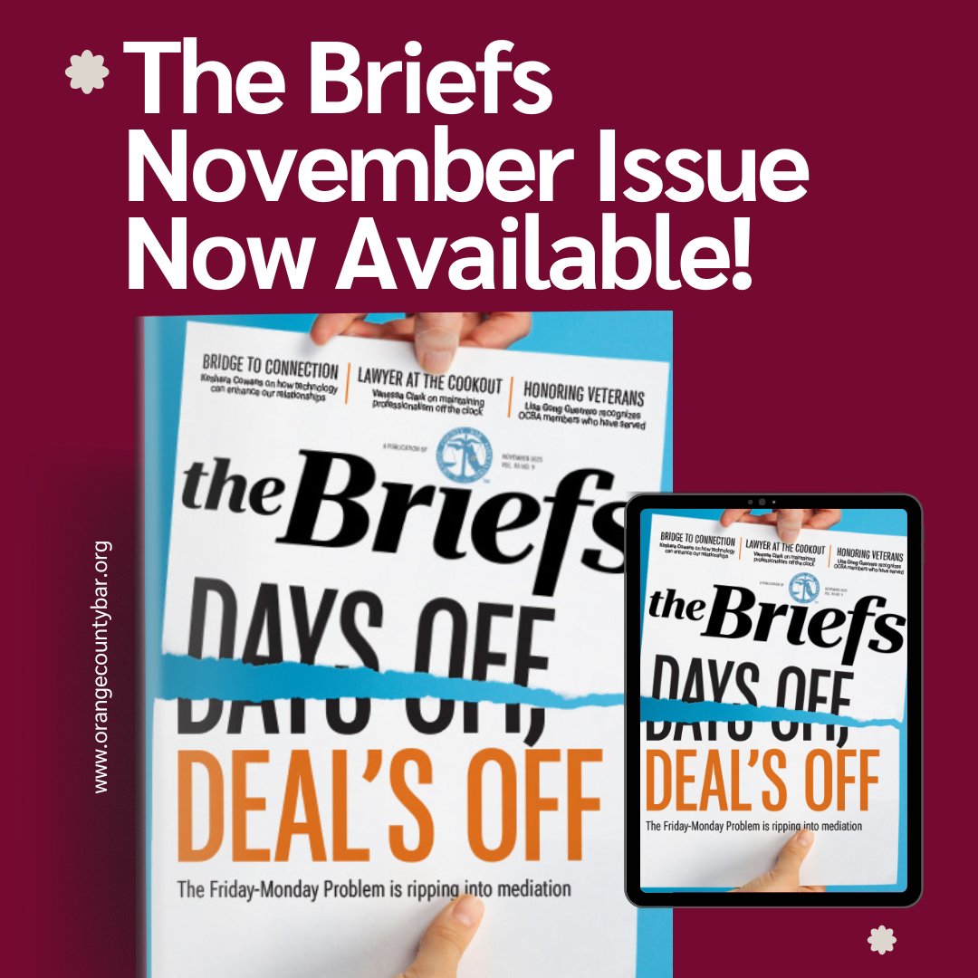 The November issue of #TheBriefs is live!
Explore how tech builds connection, professionalism “off the clock,” and honor our veteran members.
Read more ➡️ bit.ly/NovBriefs25

#OCBACommunity #LegalProfession #Leadership #ProfessionalGrowth #OCBALawyers