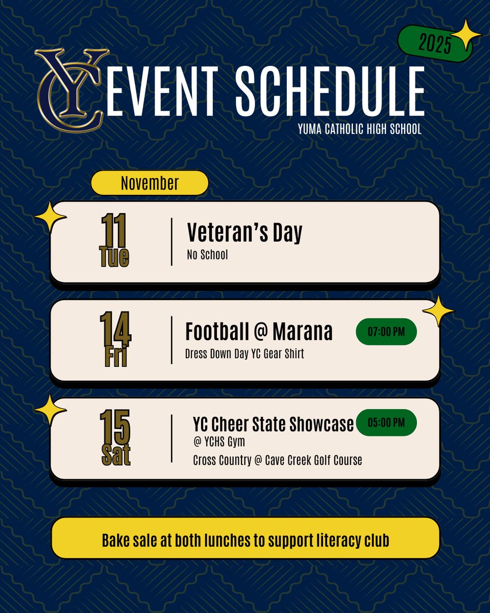 Big week for YC:
No school Tuesday for Veteran’s Day. 
Varsity football at Marana (Round 2, 5A playoffs) — Friday 7PM 🏈. 
Sophomore Council: YC Dress Down Day — $3, please support! 
Cross country heads to Cave Creek Saturday; YC Cheer hosts State Showcase Saturday 5PM in the gym