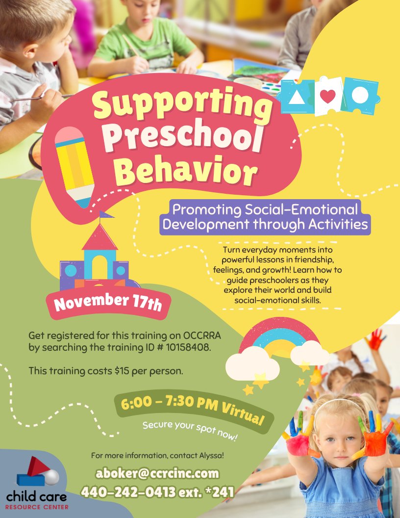 ccresourcectr's tweet image. 🎨 Join us Nov 17, 6–7:30 PM (Virtual) for Supporting Preschool Behavior! Learn fun ways to build social-emotional skills through everyday moments. 💛

💻 $15 | Register on OCCRRA (ID #10158408)
Questions? aboker@ccrcinc.com
 ✨