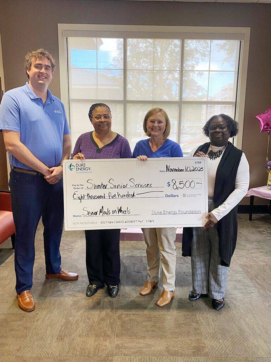 The Duke Energy Foundation granted Sumter Senior Services $8,500 in support of its Meals on Wheels program that delivers nutritious meals to seniors' homes.

The grant is part of the Foundation's statewide effort to fight hunger in the communities Duke Energy serves.