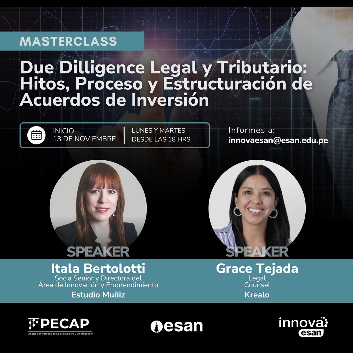 ¡Aprende de las expertas que marcan el mundo legal del VC!
Ítala Bertolotti (Estudio Muñiz) y Grace Tejada (Krealo) dictarán la sesión Due Diligence legal y tributario: hitos, proceso y estructuración de acuerdos de inversión
📅Inicio: 13 de noviembre
Inf👉docs.google.com/forms/d/e/1FAI…