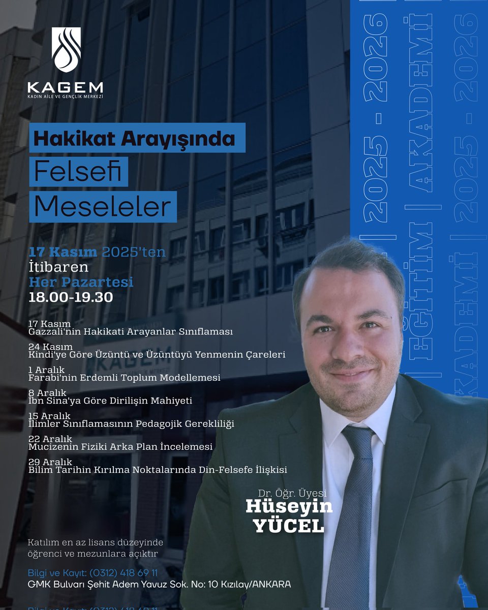 📣 Hakikat Arayışında Felsefi Meseleler Semineri Başlıyor!

Dr. Öğr. Üyesi Hüseyin Yücel ile felsefenin derinliklerine bir yolculuğa çıkıyoruz.
Gazâlî’den İbn Sînâ’ya, Farabî’den Kindî’ye uzanan bu seride, hakikatin peşinde düşünce ufkumuzu genişletiyoruz.