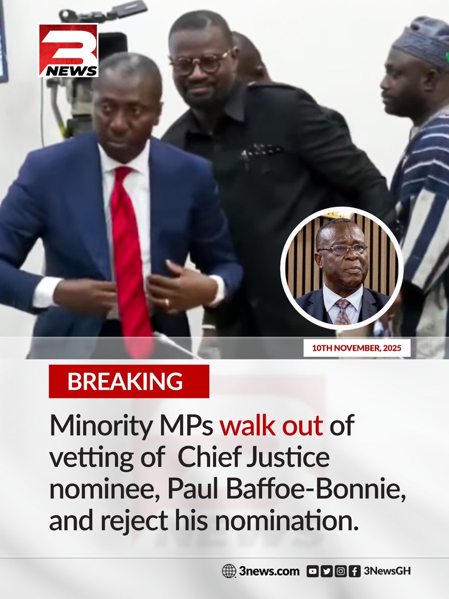 Minority MPs stage walkout from Parliament’s Vetting Committee after rejecting the nomination of Justice Paul Baffoe-Bonnie as Chief Justice.