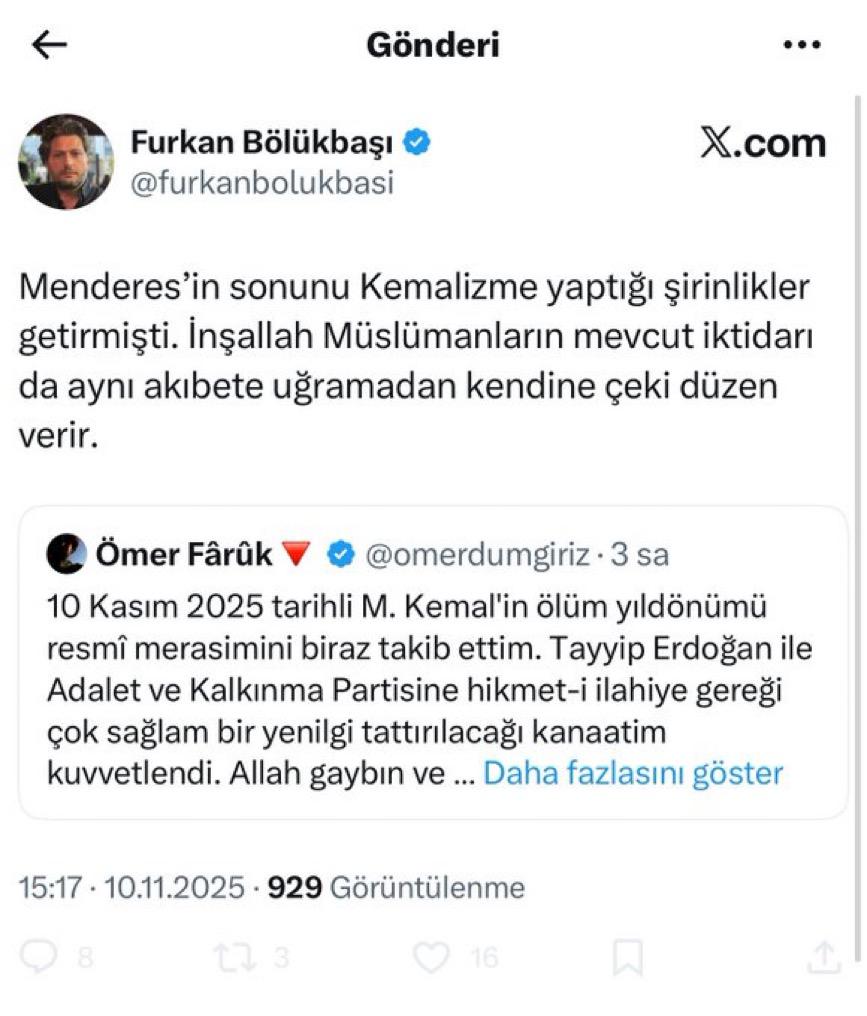 Eğer Fatih Altaylı tarihten örnek verdiği için tutukluysa Furkan Bölükbaşı da bu paylaşımı nedeniyle tutuklanmalıdır.