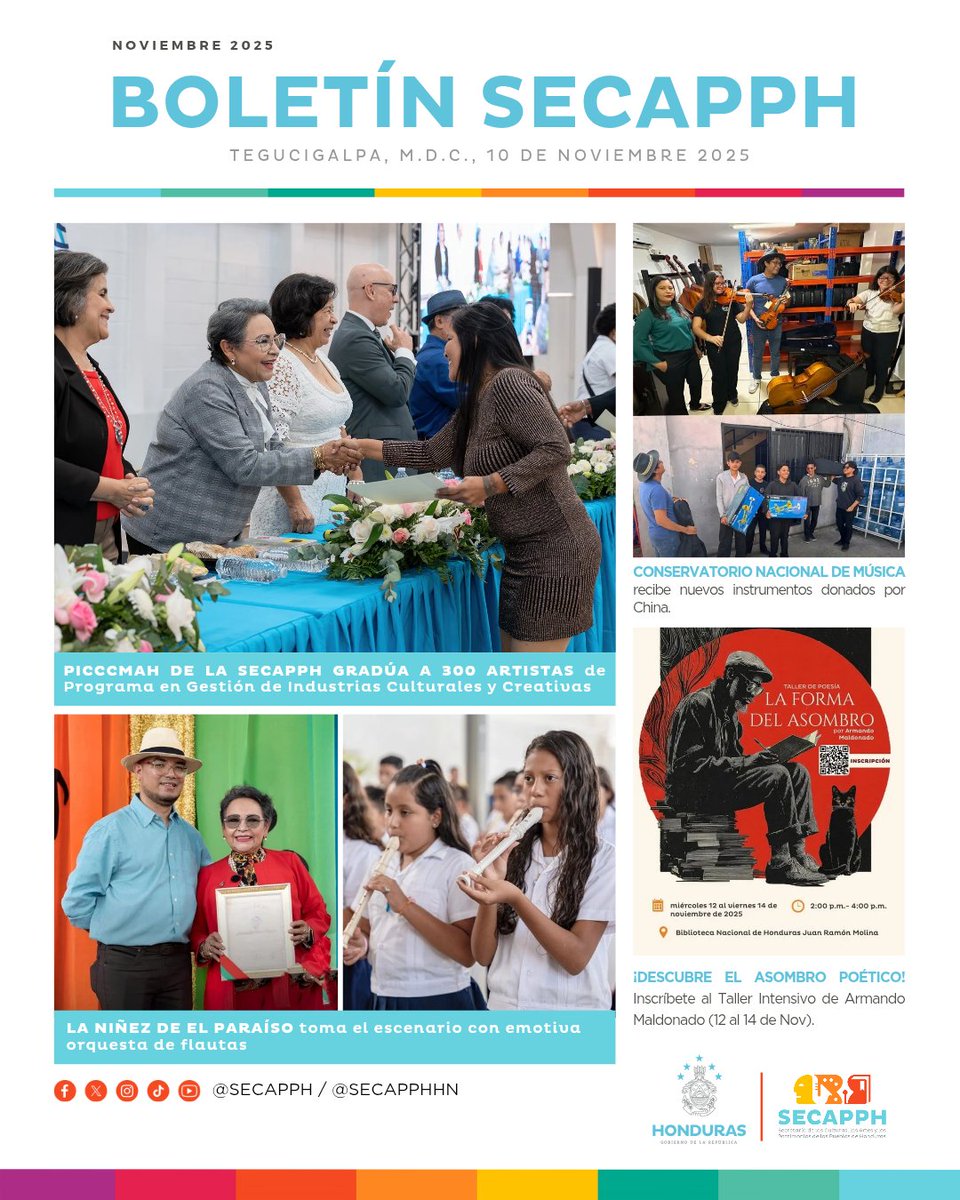 SECAPPH's tweet image. #SECAPPHHoy 🗞️✨| Mantente al día de todo lo que acontece en la SECAPPH, te compartimos nuestro boletín informativo de la semana. 

🎶🎼¡Arte y cultura para el desarrollo de Honduras! 🎭🖌️🖼️🎨

#SECAPPH #Artes #Culturas #EducaciónArtística #Patrimonios #Honduras