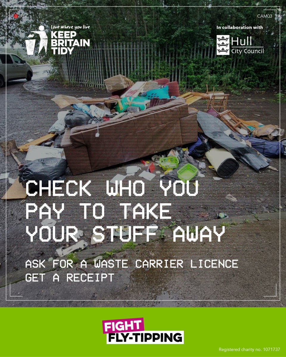 LoveYourStHull's tweet photo. Weโve launched #FightFlyTipping Fortnight to protect the places we love and stop unlicensed traders dumping our rubbish, ruining neighbourhoods & costing public services.
Take 3 steps: ๏ธ
1. Ask for their licence
2๏ธ. Check itโs valid
3๏ธ. Get a receipt
@Hullccnews https://t.co/mTwdLzUYIE