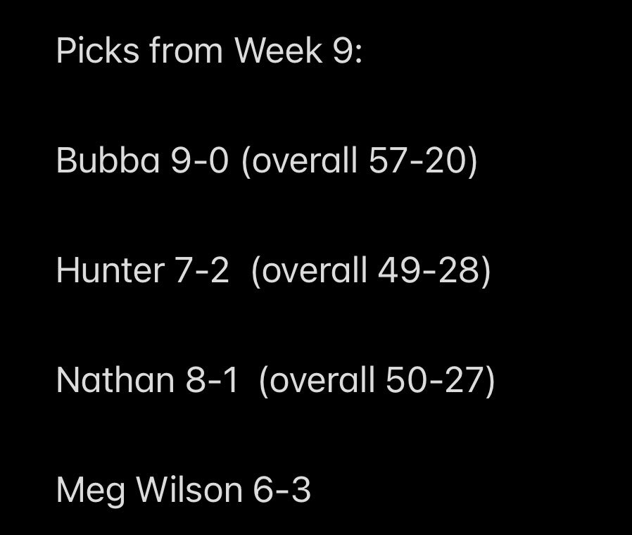 Pick results from over the weekend! Bubba with a perfect 9-0!