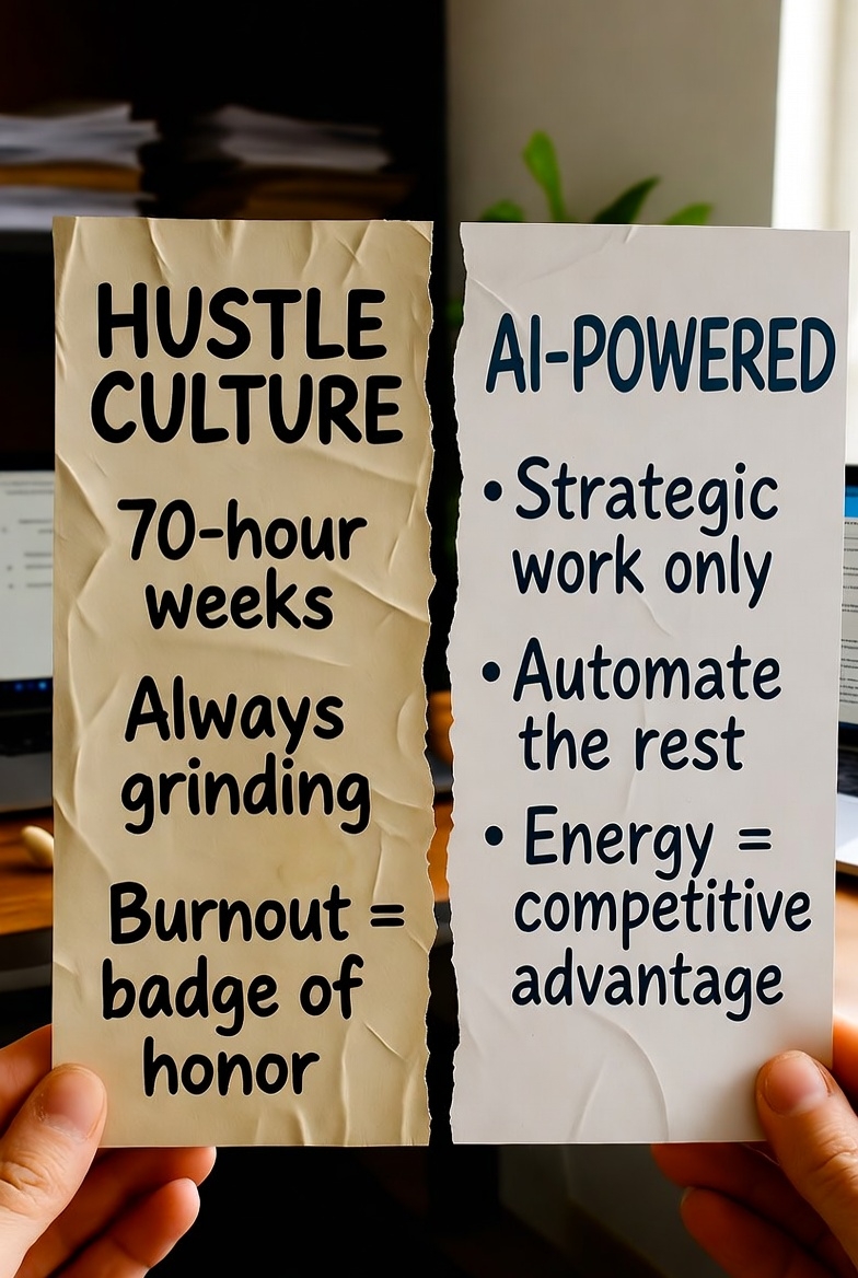 BrainHacksMastr's tweet image. I watched a 54-Year-Old CEO almost cry last week.

Not because his company was failing.

Because he finally realized he&apos;d been working 70-hour weeks for a problem that AI could solve in 5 minutes.

It hit him like a ton of bricks. Hustle culture didn&apos;t make him successful. It…