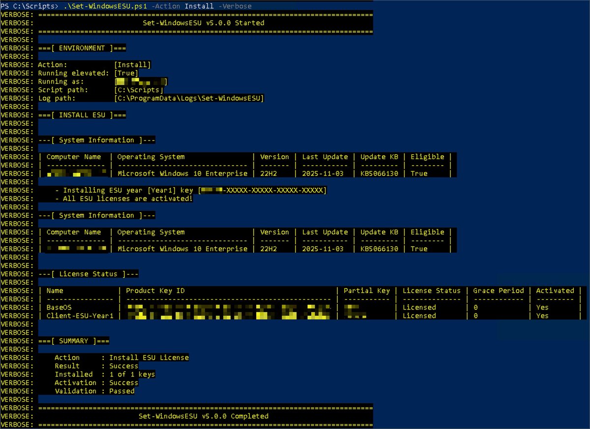 IoanPopovici's tweet image. Anyone interested ina Windows ESU management script that can be deployed via #ConfigMgr and #Intune complaince baselines/policies with full logging?

Actions: Discover, Install, Remove, Discover, TestConnectivity, TestActivation.

#PowerShell