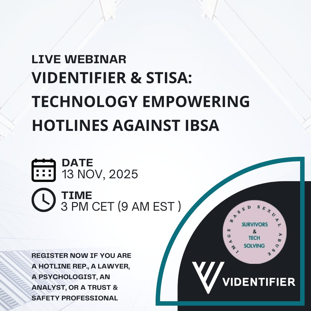 🗓 Webinar: Nov 13, 3 PM CET / 9 AM EST Join Videntifier &amp; STISA to learn how tech helps hotlines, lawyers &amp; T&amp;S teams combat image-based sexual abuse. Register: tinyurl.com/3mc48ayw #DigitalSafety #TrustAndSafety #TechForGood