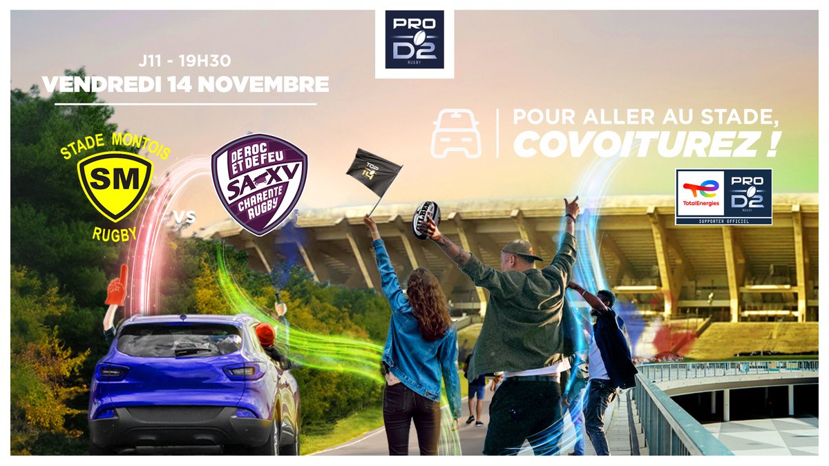 🚗 Vendredi pensez au covoiturage pour venir à Boni' ! (des récompenses à la clé)

➡ Vendredi 14/11 à 19h30, SMR 🆚 <a href="/SAXV_Charente/">SA XV Charente Rugby</a> 

Pensez au covoiturage, c’est pratique et convivial 👉 bit.ly/covoiturage-st…

#enSMble #montdemarsanmaville #proD2