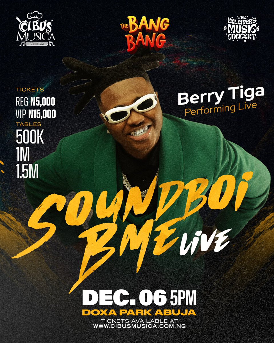 Abuja stand up! 🙌
<a href="/Soundboi_BME/">SoundBoi BME</a> is bringing pure energy to #TheBangBang this December at the #BelieversMusicConcert 💥
📅 Dec 6, 2025
📍 Doxa Park, Abuja
Tickets are flying — don’t wait till it’s SOLD OUT!