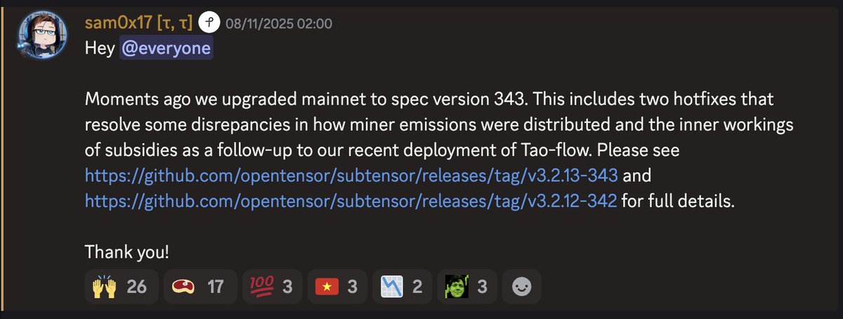 🚨 Major Bittensor Update - impact on the halving

Two updates were deployed on November 8:

1⃣ Subnet root sell pressure is now cancelled across the whole network if the Sum of Subnets is below 1.  

2⃣ There’s now a cap on Alpha emissions. If the amount of TAO and Alpha to be