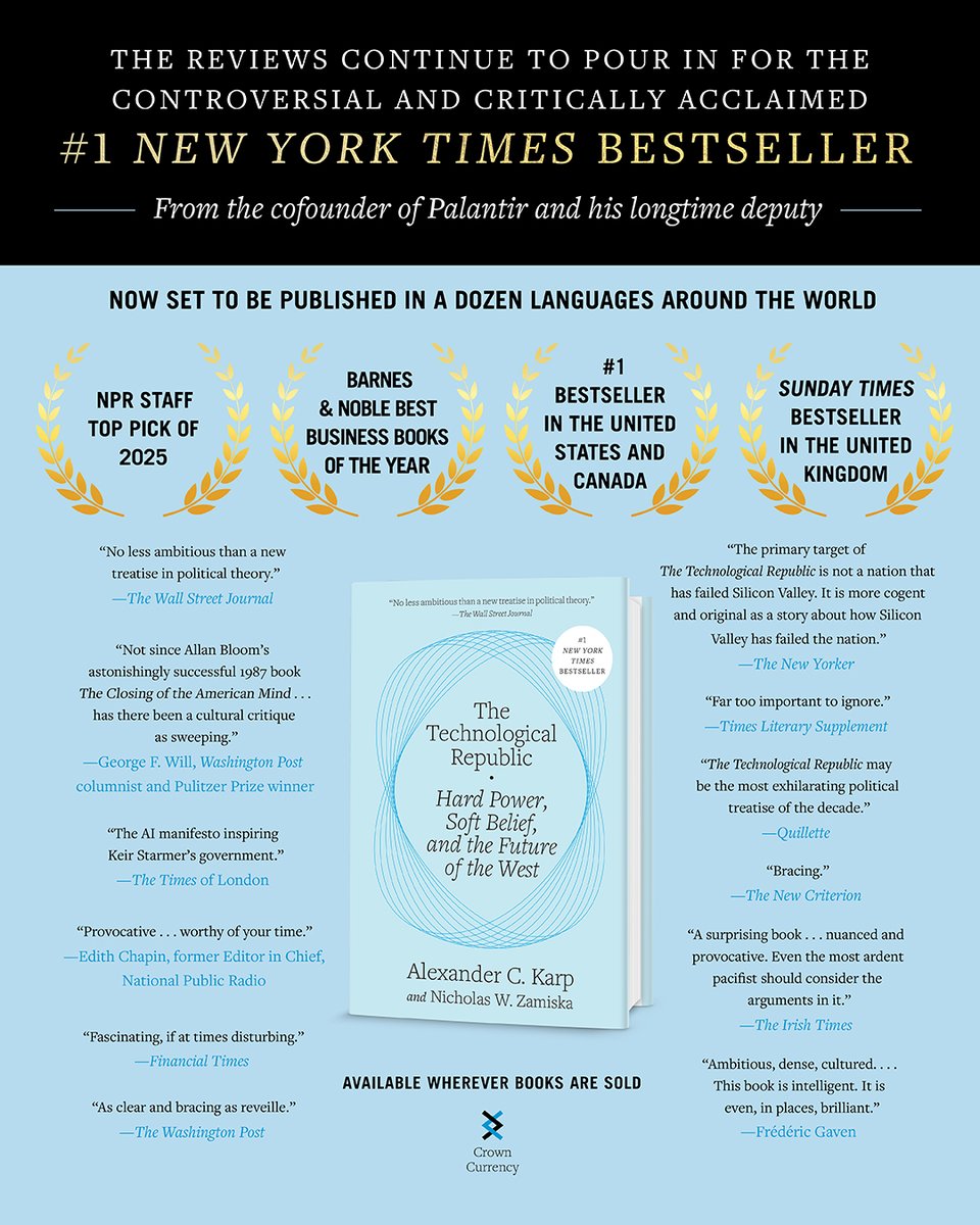 penguinrandom's tweet image. Another remarkable honor for The Technological Republic.

The #1 New York Times Bestseller by Alexander Karp and Nicholas Zamiska of Palantir was just selected as a finalist for the upcoming 2025 Outstanding Works of Literature Award.

We know it when we see it. This is a…